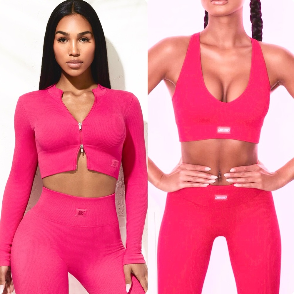 NWT4pc Pink Bo&Tee SET Ribbed Activewear fitness gym shorts legging bra crop top